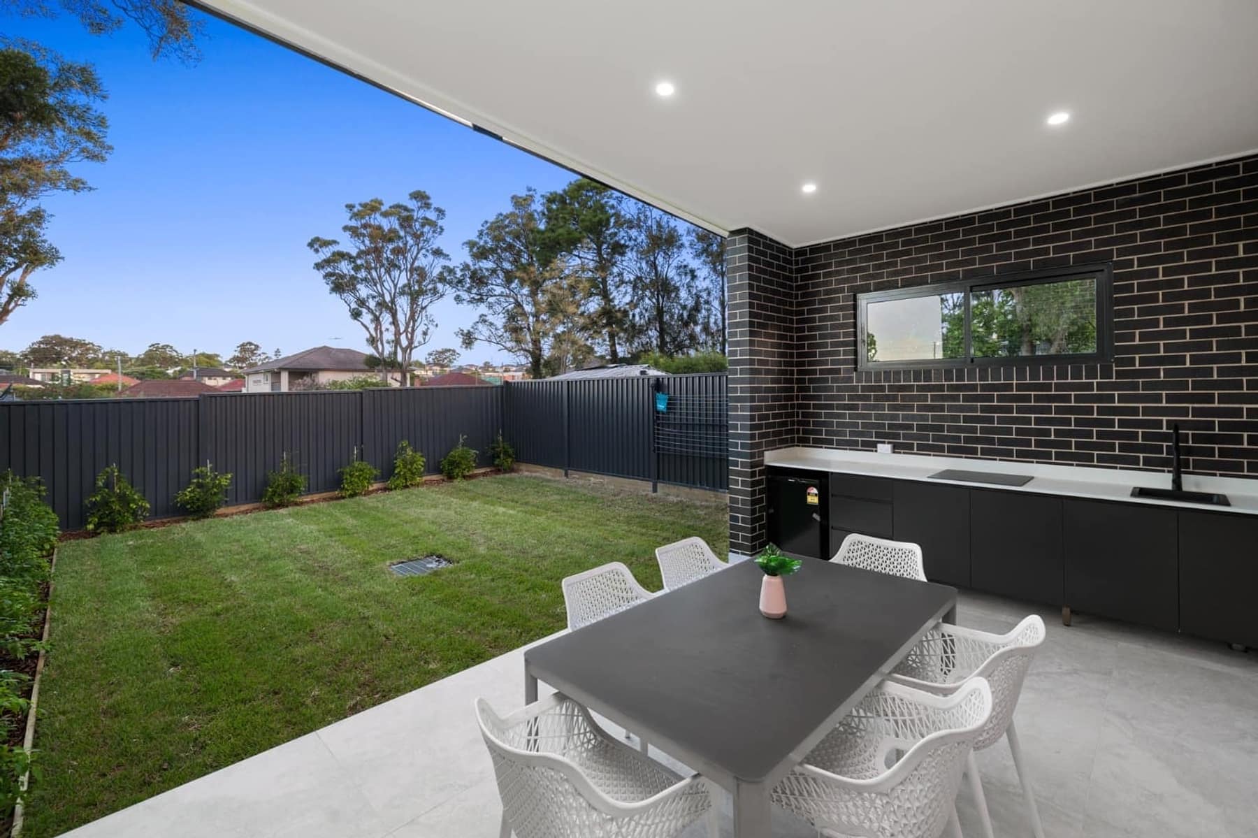 Covered alfresco and landscaped yard of the FHM Partners Cantrell Street duplex, Yagoona